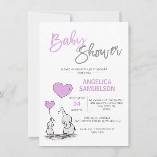 可愛モダンいラベンダーモーミエレファント&ベビースシャワー 招待状 (正面)