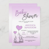 可愛モダンいラベンダーモーミエレファント&ベビースシャワー 招待状 (正面/裏面)