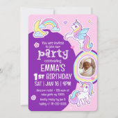 可愛モダンいレインボーユニコーン子供の誕生日写真 招待状 (正面)