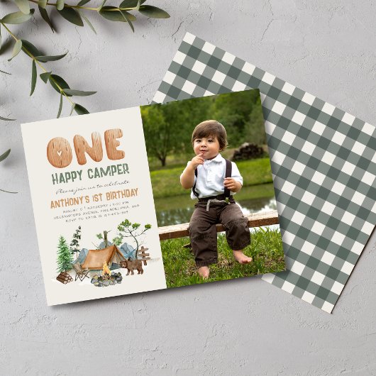 可愛モダンいワンハッピーキャンパー写真第1誕生日 ポストカード