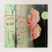 可愛モダンいヴィンテージピンクのバードフラミンゴと月 ジグソーパズル (横)