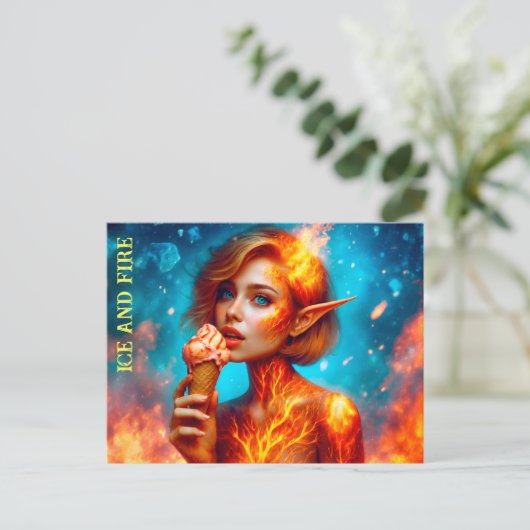 可愛モダンい小妖精や小人ファイヤーアイスクリームのアート可愛い赤 ポストカード (スタンド正面)