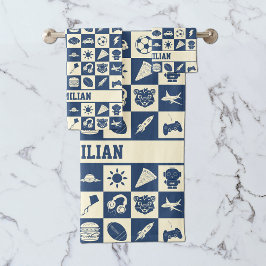 可愛モダンい市松模様に青いアイコンPattern Boy's バスタオルセット