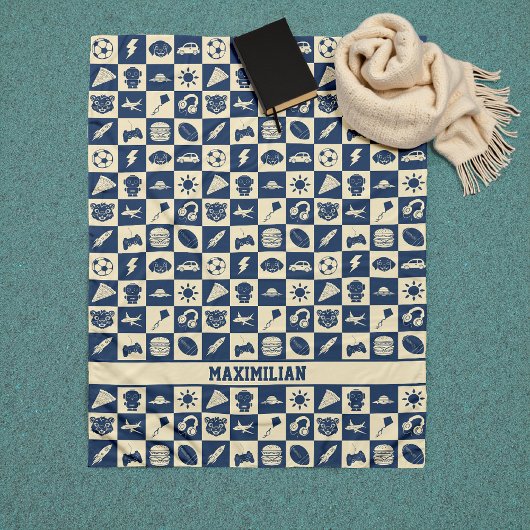 可愛モダンい市松模様に青いアイコンPattern Boy's フリースブランケット