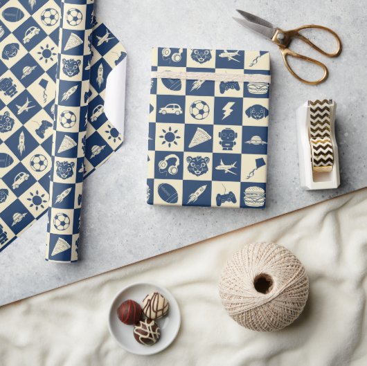 可愛モダンい市松模様に青いアイコンPattern Boy's ラッピングペーパー (クラフト)