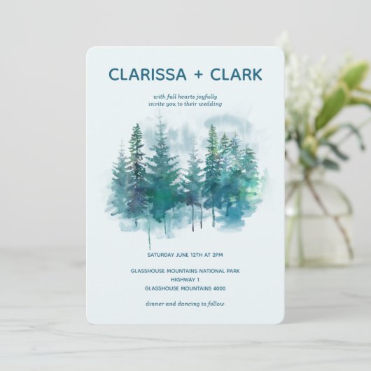 可愛モダンい水の色の森の結婚風景 招待状 (スタンド正面)