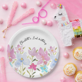 可愛モダンい水彩野花モノグラムの ペーパープレート