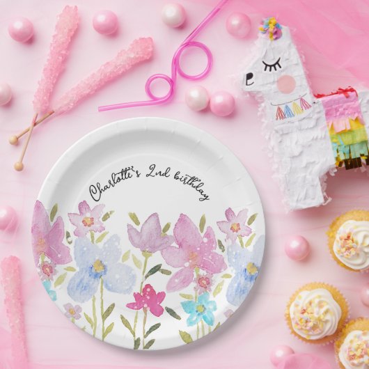 可愛モダンい水彩野花モノグラムの ペーパープレート (パーティー)