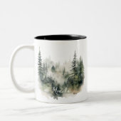 可愛モダンい水彩霧の松の森 ツートーンマグカップ (左)