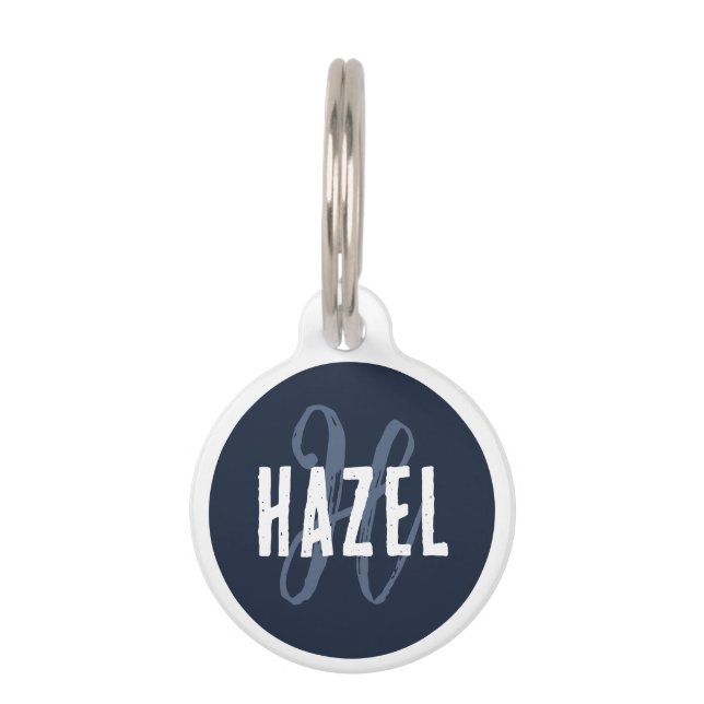 可愛モダンい白モノグラムのとネイビーブルー ペット　ネームタグ (正面)