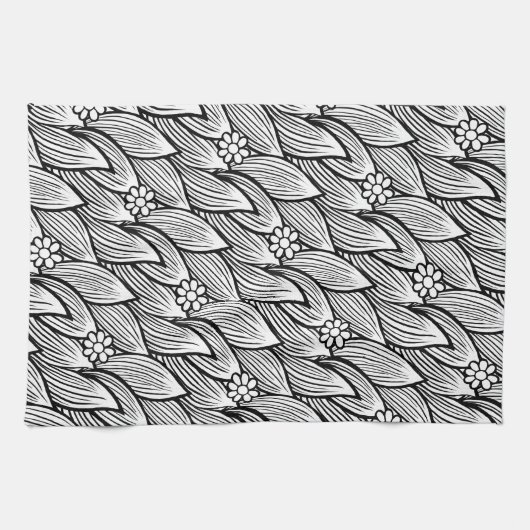 可愛モダンい白黒ヒッピーデイジーフローラ キッチンタオル (横)