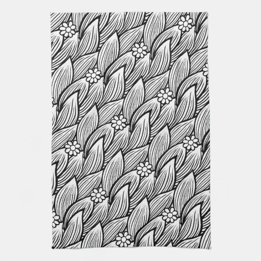 可愛モダンい白黒ヒッピーデイジーフローラ キッチンタオル (縦)