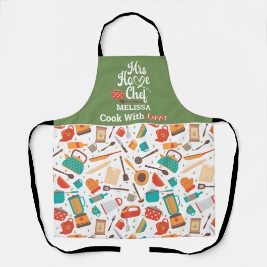 可愛モダンい緑の台所用具料理用具 エプロン (正面)