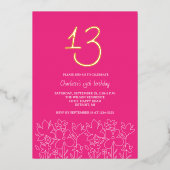 可愛モダンい野花13誕生日 箔招待状 (正面)