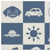 可愛モダンい青市松模様にアイコンのシームレスなパターン ファブリック (クローズアップ)