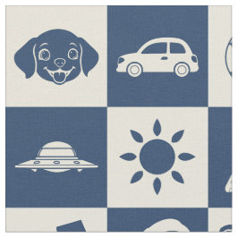 可愛モダンい青市松模様にアイコンのシームレスなパターン ファブリック