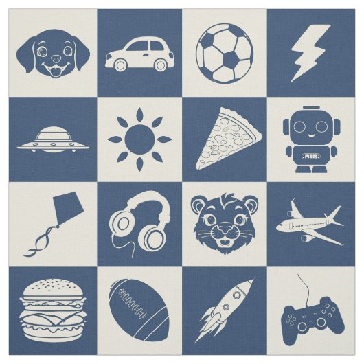 可愛モダンい青市松模様にアイコンのシームレスなパターン ファブリック (見本)