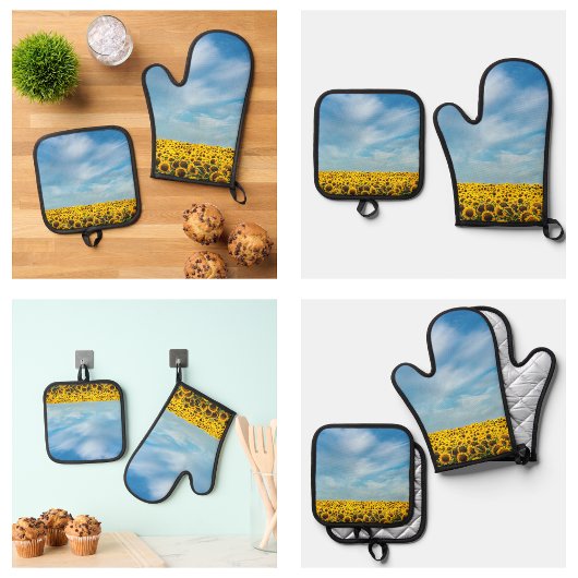 可愛モダンい黄色のひまわり花 鍋つかみ&鍋敷きセット