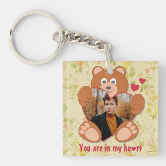 可愛モダンい黄色のテディベアハートフォトフレーム キーホルダー (正面)