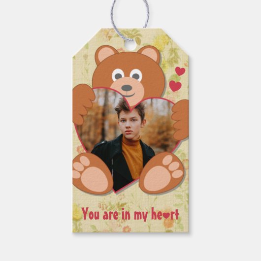 可愛モダンい黄色のテディベアハートフォトフレーム ギフトタグ (正面)