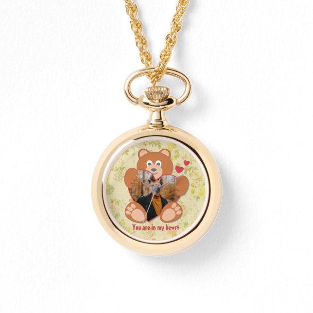 可愛モダンい黄色のテディベアハートフォトフレーム 腕時計 (正面)