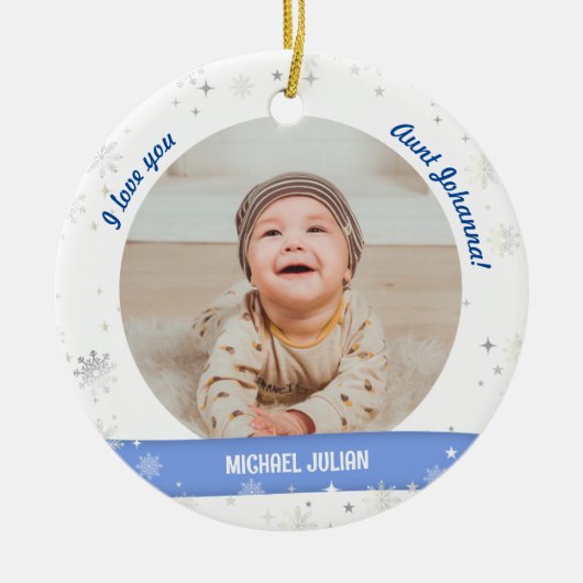 可愛モダンい2枚男の赤ちゃん初めてのクリスマス叔母 セラミックオーナメント (正面)