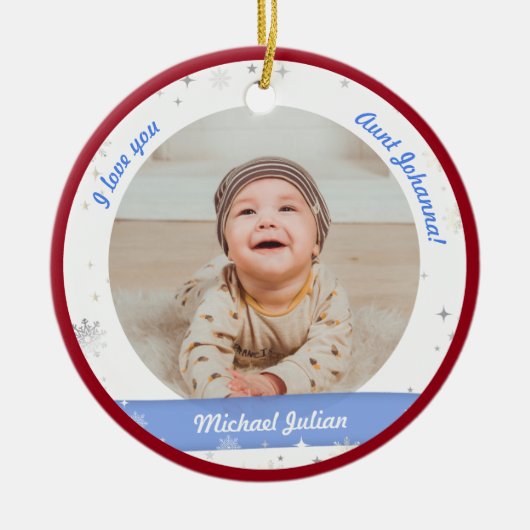 可愛モダンい2枚男の赤ちゃん初めてのクリスマス叔母 セラミックオーナメント (正面)