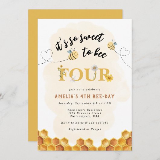 可愛モダンい4歳の誕生日を迎えるのはとても甘い 招待状 (正面/裏面)