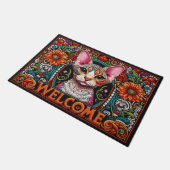 可愛モダンらしいデボンレックスキャット鮮やか歓迎 ドアマット (アングル)