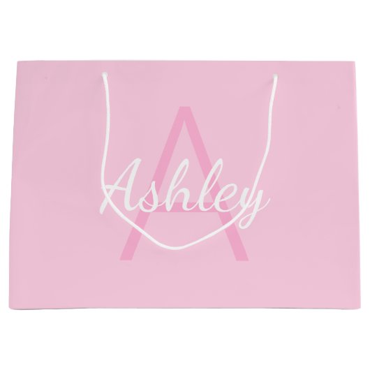 可愛モノグラムのい女の子の名前 |ソフトピンク&ホワイト ラージペーパーバッグ (正面)