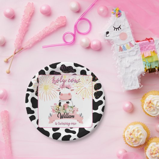 可愛モーいフローラピンク聖牛1歳の誕生日 ペーパープレート (パーティー)
