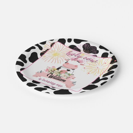 可愛モーいフローラピンク聖牛1歳の誕生日 ペーパープレート (アングル)