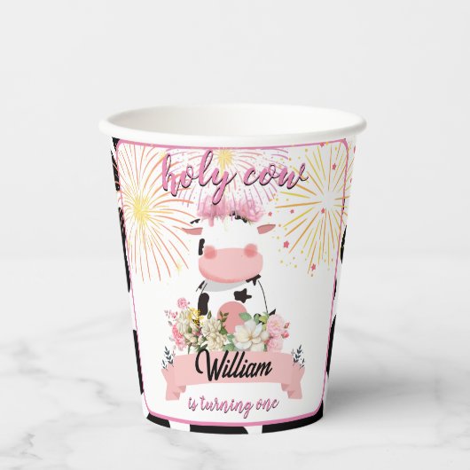 可愛モーいフローラピンク聖牛1歳の誕生日 紙コップ (正面)