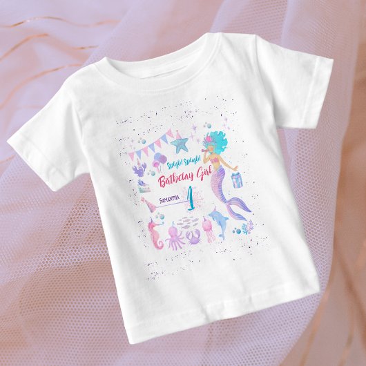 可愛ユニークい女お洒落の子マーメイド1歳の誕生日 ベビーTシャツ