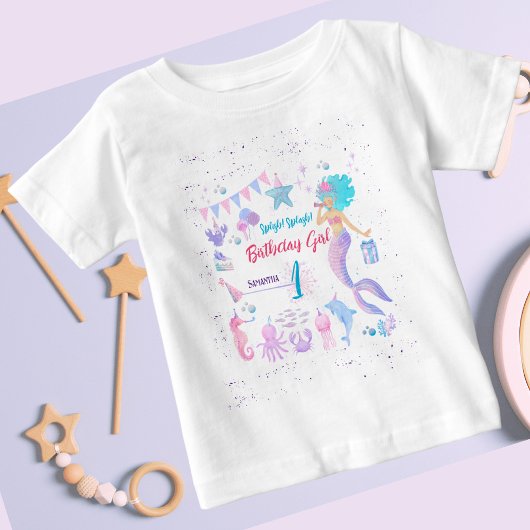 可愛ユニークい女お洒落の子マーメイド1歳の誕生日 ベビーTシャツ