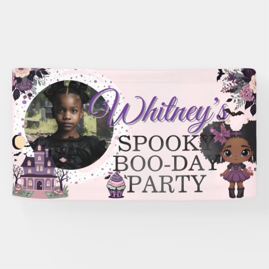 可愛不気味いゴシック紫色の誕生日ガールアフロ・パフ 横断幕 (横)
