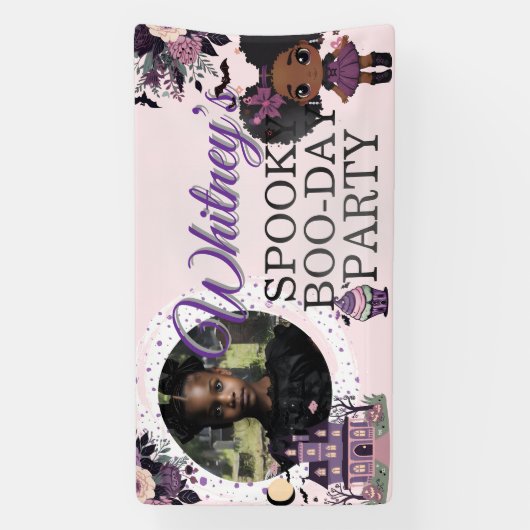 可愛不気味いゴシック紫色の誕生日ガールアフロ・パフ 横断幕 (縦)