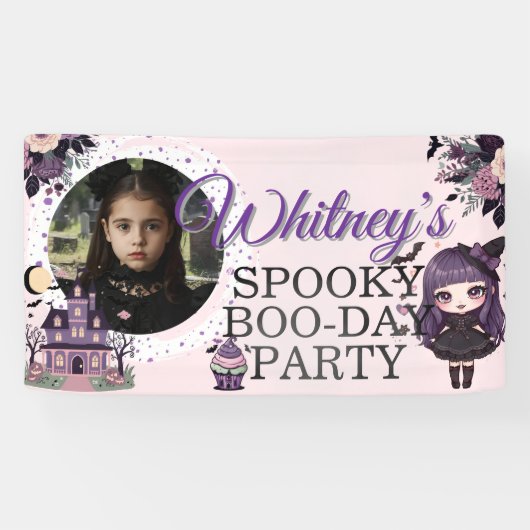 可愛不気味いゴシック紫誕生日ガールバナー 横断幕 (横)