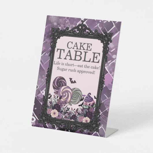 可愛不気味いゴシック風の紫のケーキテーブル 台座サイン (正面)