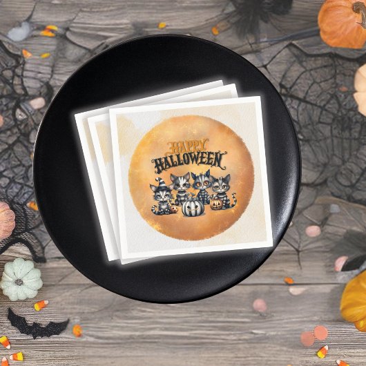 可愛不気味いストライプのハロウィーン猫 スタンダードカクテルナプキン