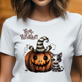 可愛不気味いストライプのハロウィーン猫 Tシャツ