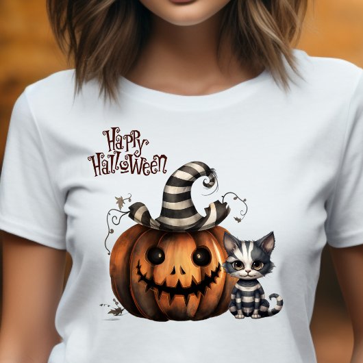 可愛不気味いストライプのハロウィーン猫 Tシャツ