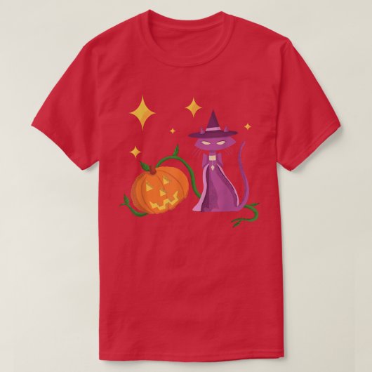 可愛不気味いハロウィンの魔女ネコとカボチャ Tシャツ (デザイン正面)