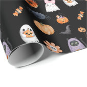 可愛不気味いハロウィン幽霊ウォーターカラースタイルブラック ラッピングペーパー (ロールコーナー)