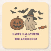 可愛不気味いハロウィーン – 幽霊、こうもり、キャンディ スクエアペーパーコースター (正面)
