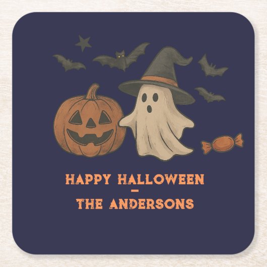 可愛不気味いハロウィーン – 幽霊、こうもり、キャンディ スクエアペーパーコースター (正面)