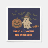 可愛不気味いハロウィーン – 幽霊、こうもり、キャンディ スタンダードカクテルナプキン (正面)