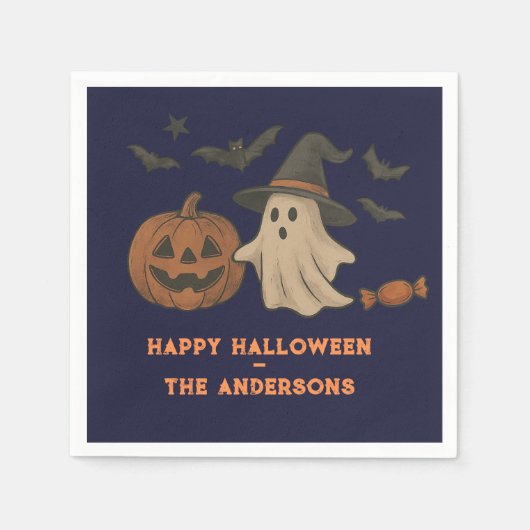 可愛不気味いハロウィーン – 幽霊、こうもり、キャンディ スタンダードカクテルナプキン (正面)