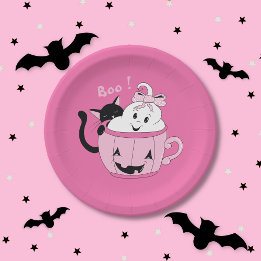 可愛不気味いピンクのハロウィーン紙プレート-幽霊猫 ペーパープレート