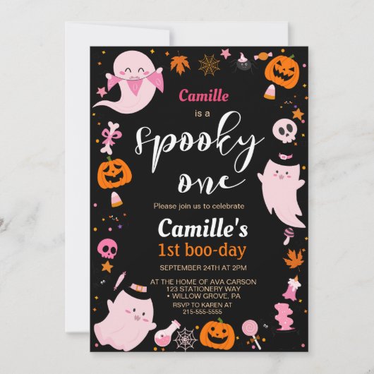 可愛不気味い幽霊ハロウィーン誕生日パーティー 招待状 (正面)
